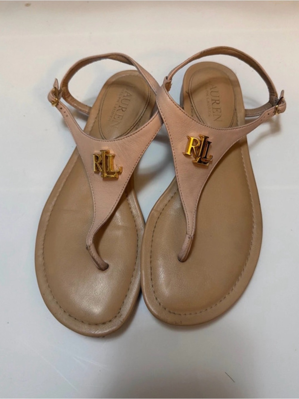 Ralph Lauren Blush Leather T-Strap Sandals with Gold RL Emblem